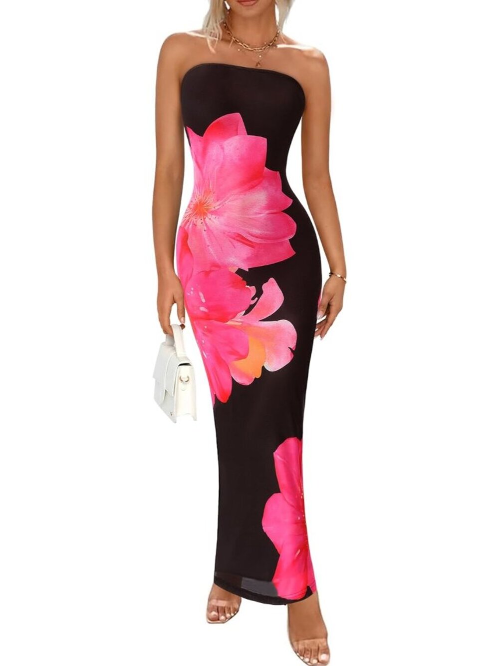Women's Black Pink Floral Summer Strapless Maxi Dress Formal Tube Mesh Dress